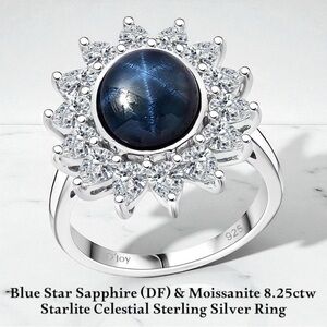 Blue Star Sapphire & Moissanite 8.25ctw Starlite Celestial Sterling Silver Ring